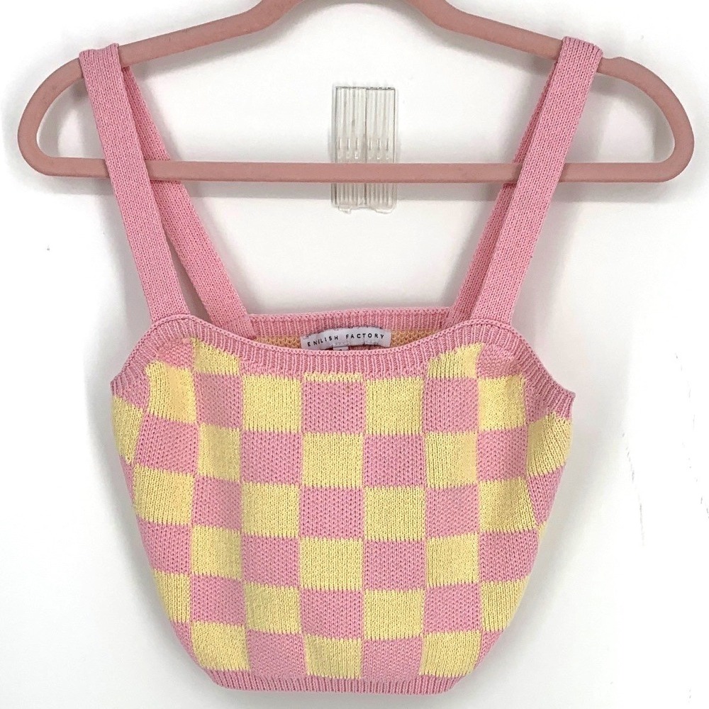 English Factory Pink Yellow Checker Knit Crop Cami Square Neck Size Small